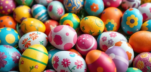 Fototapeta na wymiar A vibrant array of painted Easter eggs in various colors and designs, closely arranged, spring background, festive background