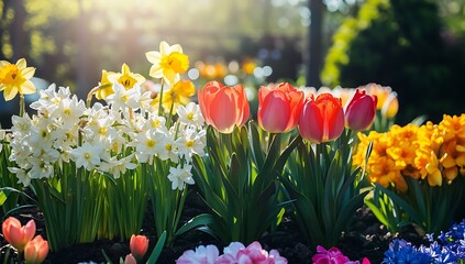 Obraz premium Spring Tulips and Daffodils Blooming Under Bright Sunshine Blue Sky