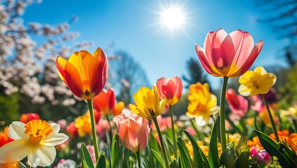 Spring Tulips and Daffodils Blooming Under Bright Sunshine Blue Sky