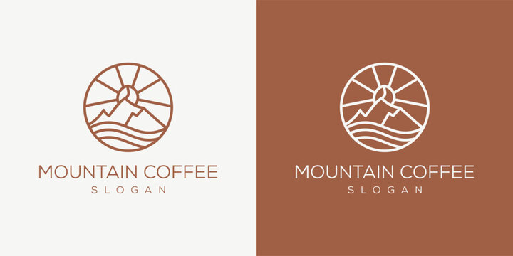 simple mountain and coffee sun logo design ideas