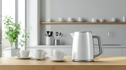Modern Kitchen Still Life: White Kettle and Cups on Wooden Counter