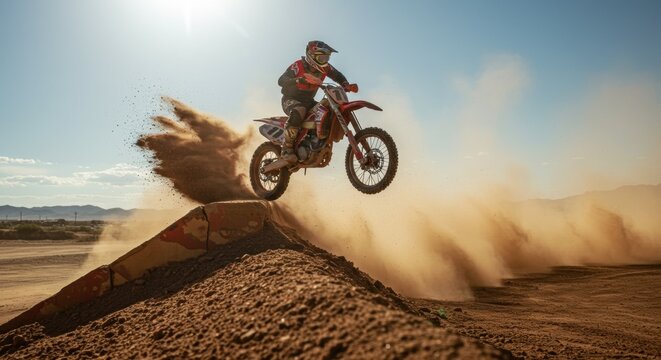 Motocross rider jumps high over dirt ramp in desert landscape 