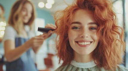 Hairstyling session for a smiling woman salon interior portrait photography bright environment close-up view beauty concept
