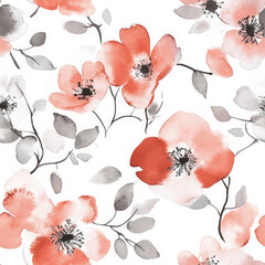 Watercolor coral and gray floral pattern on a white background, Watercolor print in rustic vintage style, textile or wallpapers.