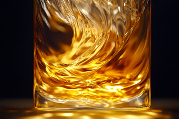 Elegant swirl of amber whiskey captured in a glass with intricate design highlighting the rich textures at a low light setting