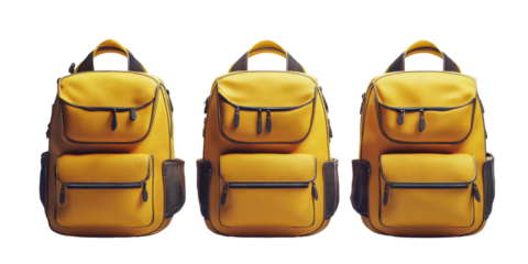 Three yellow backpacks isolated on white background