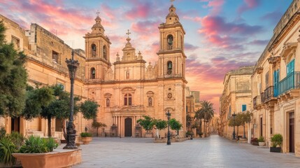 Fototapeta premium Sunrise Church Square, Mdina Malta, Old Town, Travel, Peaceful Dawn