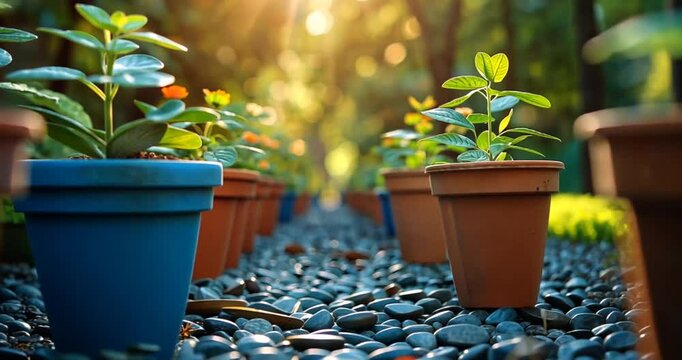 Sunlight on plants in terracotta pots, garden pathway.  Possible use Stock photo for nature, gardening, home decor