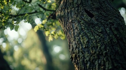 Obraz premium a tree trunk and green leaves 