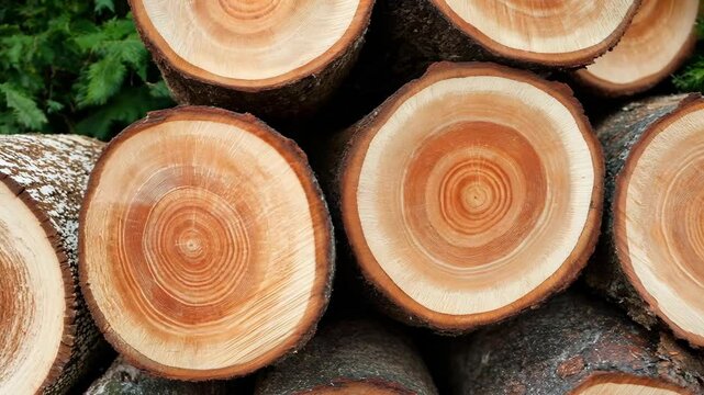 Freshly cut logs are stacked neatly to reveal intricate wood grain patterns and annual rings in a warehouse setting