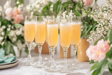 Elegant champagne flutes filled with sparkling yellow beverage surrounded by fresh flowers at a daytime celebration event