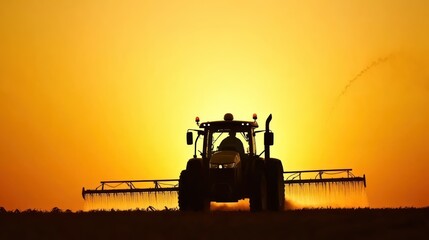 Naklejka premium Golden Hour Farming: Tractor Silhouette at Sunset