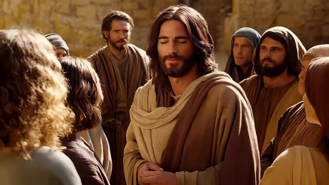 Jesus Christ engages with followers in a historical setting, conveying messages of love and hope during ancient times
