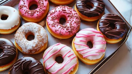 An assortment of donuts in various colors and toppings is beautifully arranged in a box, inviting everyone to enjoy these tasty treats