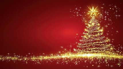 Golden Christmas tree with glowing star on red background surrounded by twinkling lights and sparkles. Ideal for Christmas cards, banners, and holiday marketing