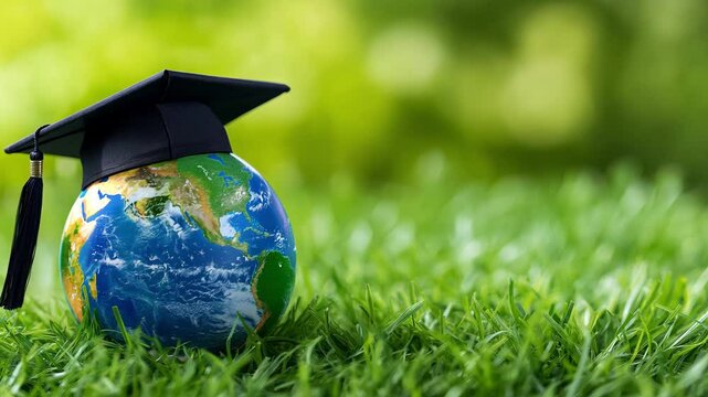 Graduation cap sits on a globe, representing the connection between education and global knowledge on a grassy surface