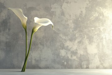 Two white calla lilies against a textured and grey backdrop