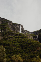 Norwegian fjord mountain landscape with green coniferous trees and waterfalls on the mountain flowing into the river.