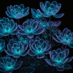 Fototapeta premium Ethereal bioluminescent petals in turquoise and lavender, softly glowing in the darkness, with a transparent background.