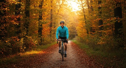 Fototapeta premium Cyclist rides along wooded path in autumn forest setting 
