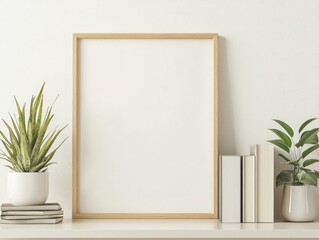 Blank Wooden Framed Poster Mockup with Plants and Books