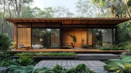 Minimalist bamboo house with large sliding doors and a garden rooftop sustainable tropical architecture illustration