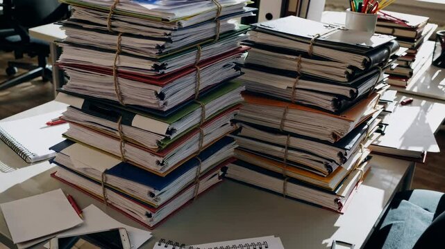 Bustling office workspace with piles of colorful documents and busy desk atmosphere