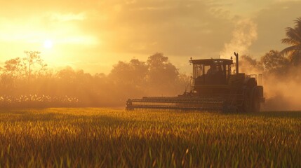 Fototapeta premium Agricultural Machinery Working in Golden Rice Field at Sunset