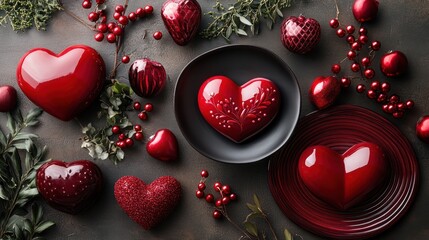 Red hearts, festive table, Valentine's Day decor, overhead shot, romantic background