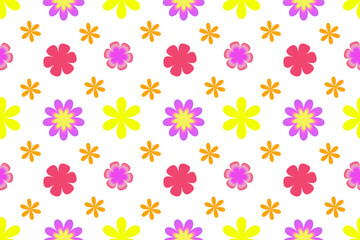 Seamless floral pattern with stylized retro flowers in yellow, orange, pink and purple. Bright and playful vector design in flat style © Нина Романенко
