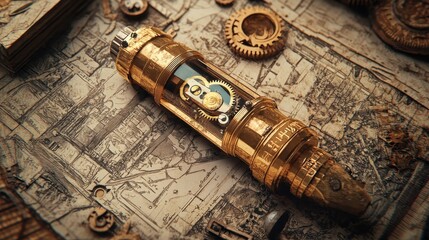 A decorative brass pen resting on a detailed map surface