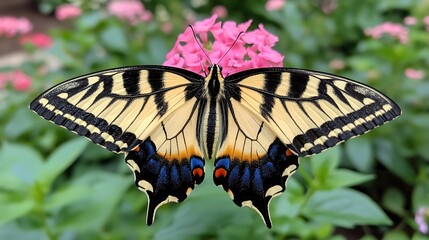 Butterfly Resting on a Vibrant Pink Flower with a Soft-Focus Garden Background