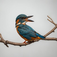 A vibrant blue and orange kingfisher perched on a branch, isolated on a white background.