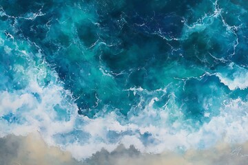 Obraz premium aerial view of turquoise ocean waves with white foam, showcasing the dynamic texture and movement of the sea, captured from above