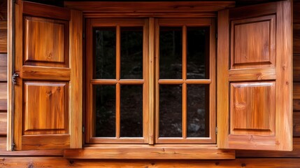 Open wooden window, cabin exterior, forest view, home design