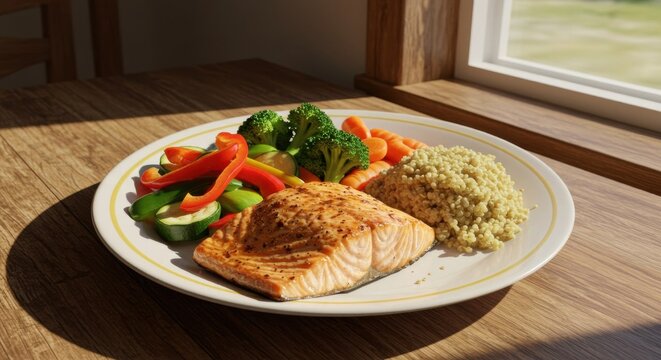 Healthy salmon dish with vegetables and grns in sunlight 