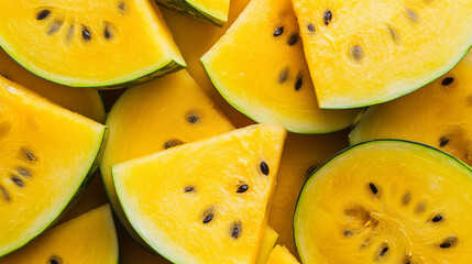 cutted juicy yellow watermelon slices background