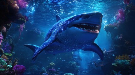 Fototapeta premium Celestial Great White Shark in Bioluminescent Reef