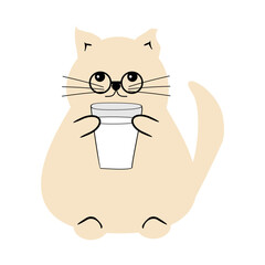 Cute fat funny nice cat with a glass of milk on white isolated vector illustration	
