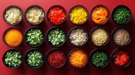 Brightly colored ingredients for making pizza, arranged in bowls on a red background. Suitable for blogs about cooking, recipes, restaurant menus.