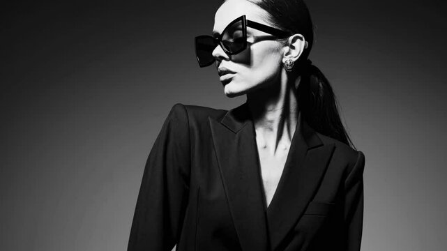 Elegance in motion: stylish woman in black sunglasses posing dramatically
