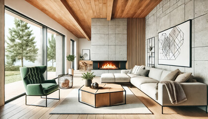 Cozy and Contemporary Living Room with Warm Wooden Accents