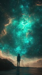 Fototapeta premium A solitary figure observes the vibrant nebula and starry night sky
