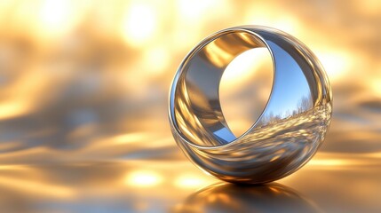 A circular metallic object reflecting surroundings in golden light