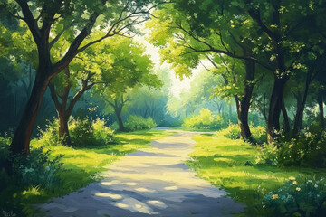 A serene forest path painting with lush green trees, dappled sunlight, and a winding trail leading into the mysterious depths of the woods.