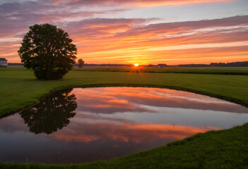 Obraz premium A serene pond on a farm, its surface reflecting the warm glow of a sunrise sky over the horizon.