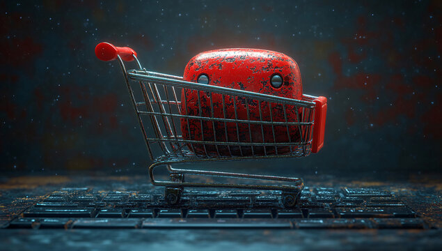 Rusty Red Cube in Shopping Cart on Grungy Keyboard Online Shopping Concept - Powered by Adobe