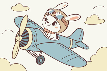 2 Cute cartoon rabbit pilot, vintage blue toy airplane, pastel colors, soft lighting, whimsical children's illustration, anthropomorphic animal, nostalgic style, propeller plane, aviator hat and goggl © Manik Mia