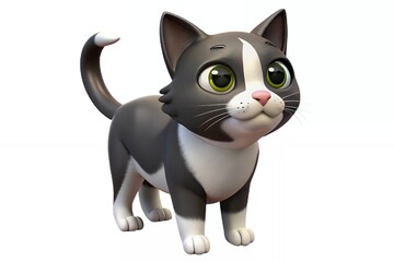 A curious tuxedo kitten, eyes wide with playful wonder, against a clean white backdrop, showcasing its charming 3D animation style.