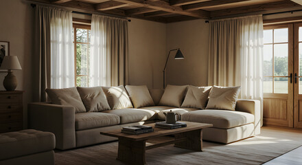 Cozy modern farmhouse living room with neutral decor, large beige sectional sofa, wooden coffee table, and natural sunlight